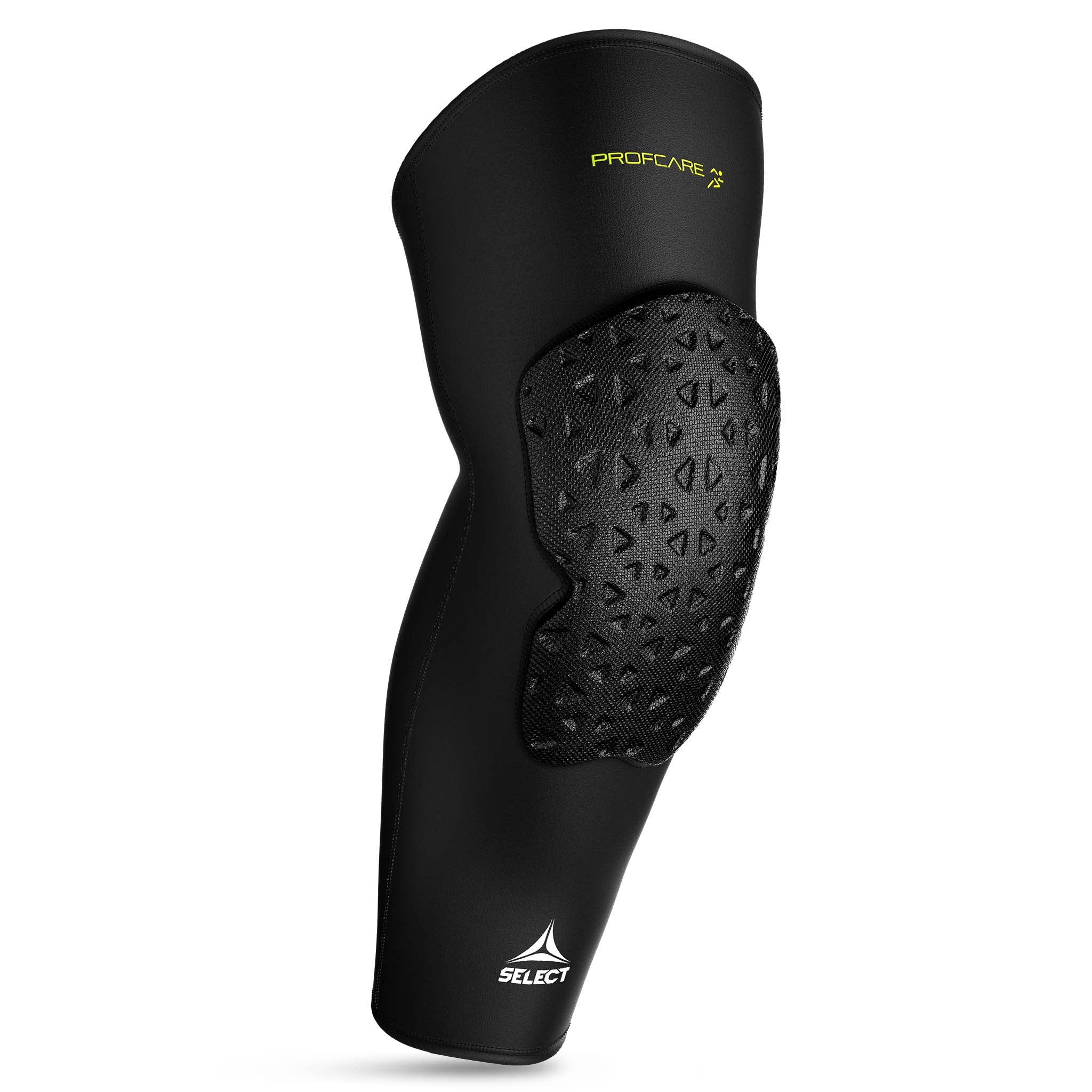 Black Compression knee support long 6253 sports support, front page, with textured protective padding.
