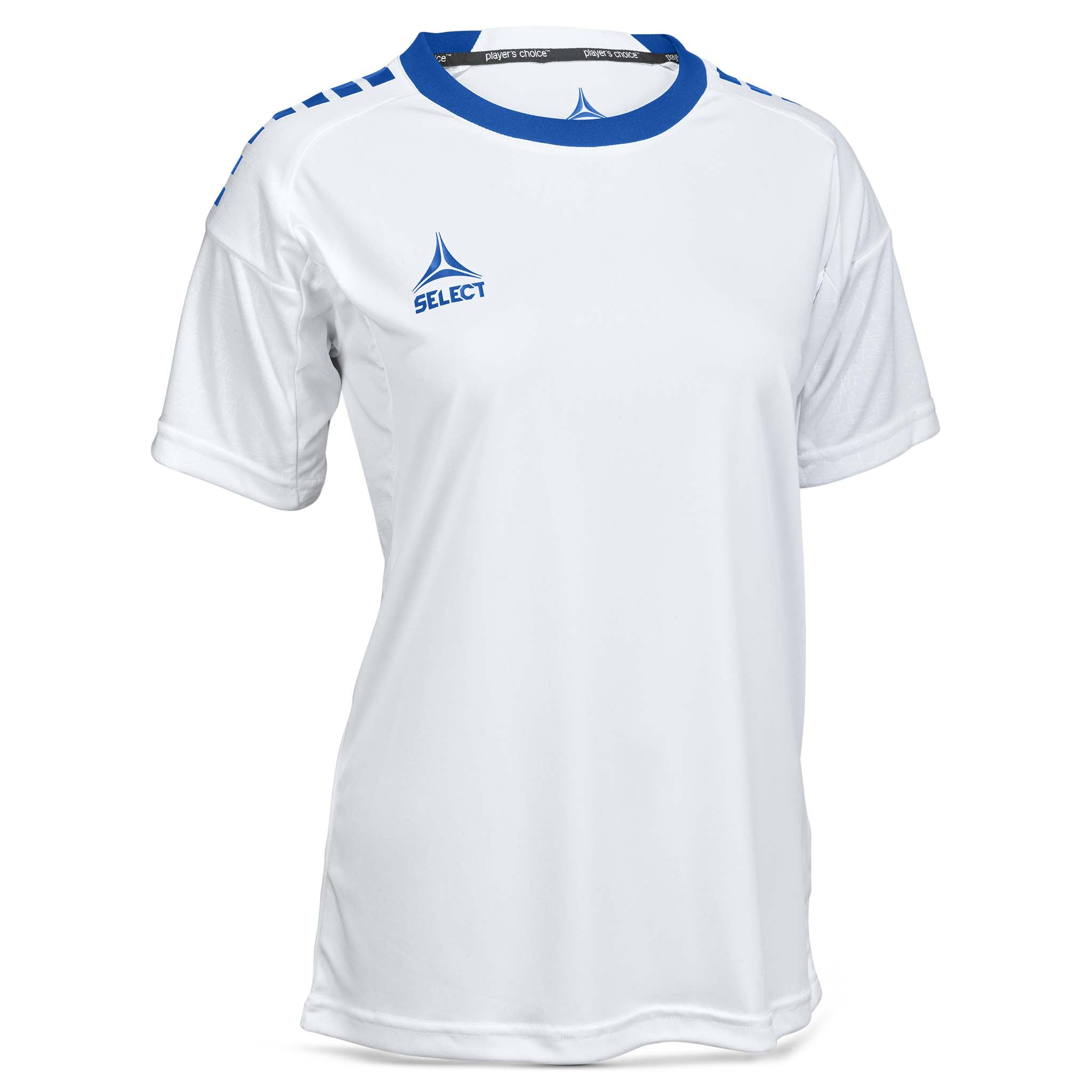 Front page of white and blue Player shirt S/S Spain woman v25, Match & Training wear football.