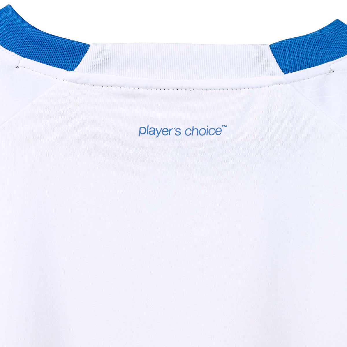 Closeup of white Player shirt S/S Spain woman v25 football Match & Training wear with blue collar, "player's choice" text